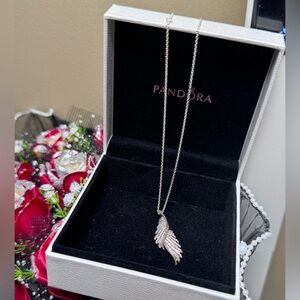 Pandora Silver Feather Necklace with Dainty Chain